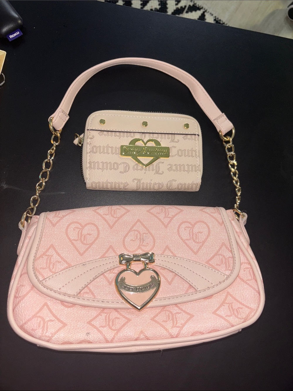 Juicy Couture Light Pink Heart Logo Shoulder Bag with Gold Hardware and Wallet